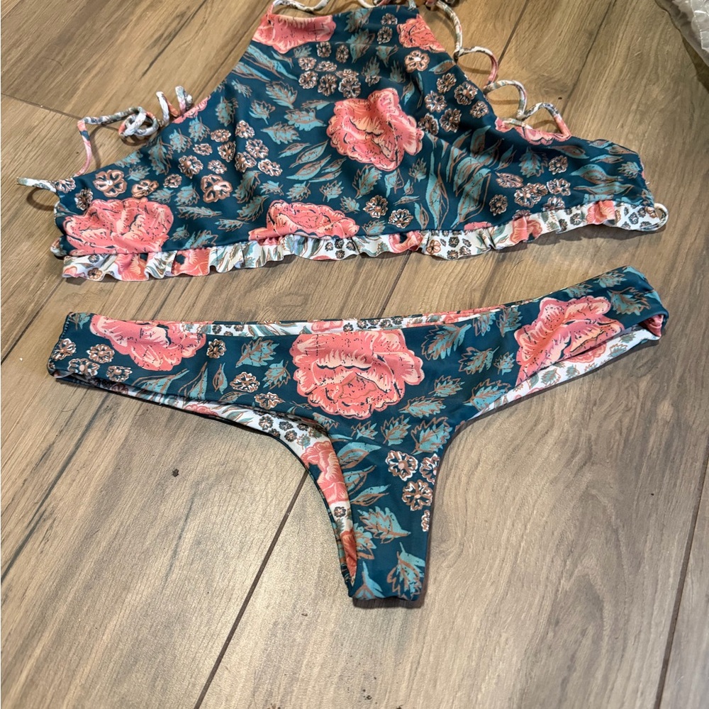 Beach Riot Floral Bikini Set in Coral and Aqua